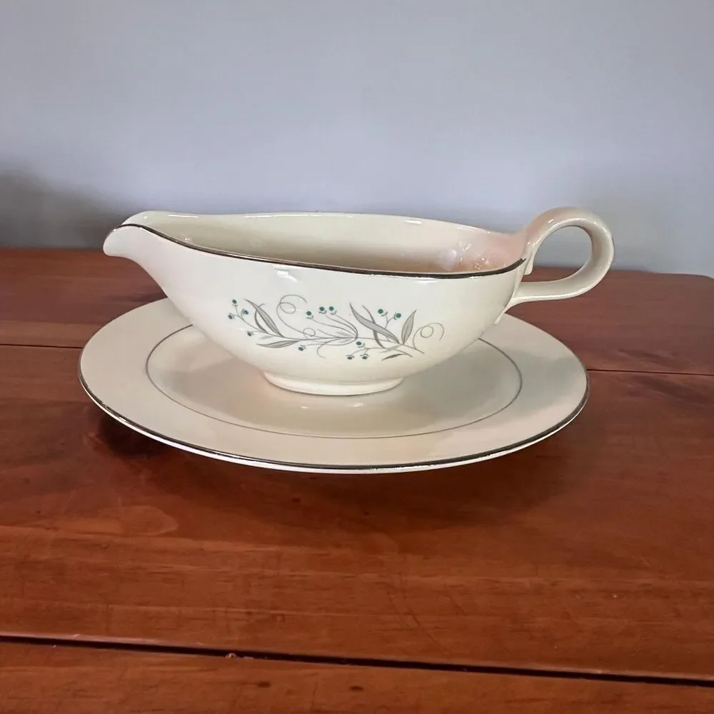 Homer Laughlin Celeste Gravy Boat and Underplate Mid Century Platinum Trim MCM